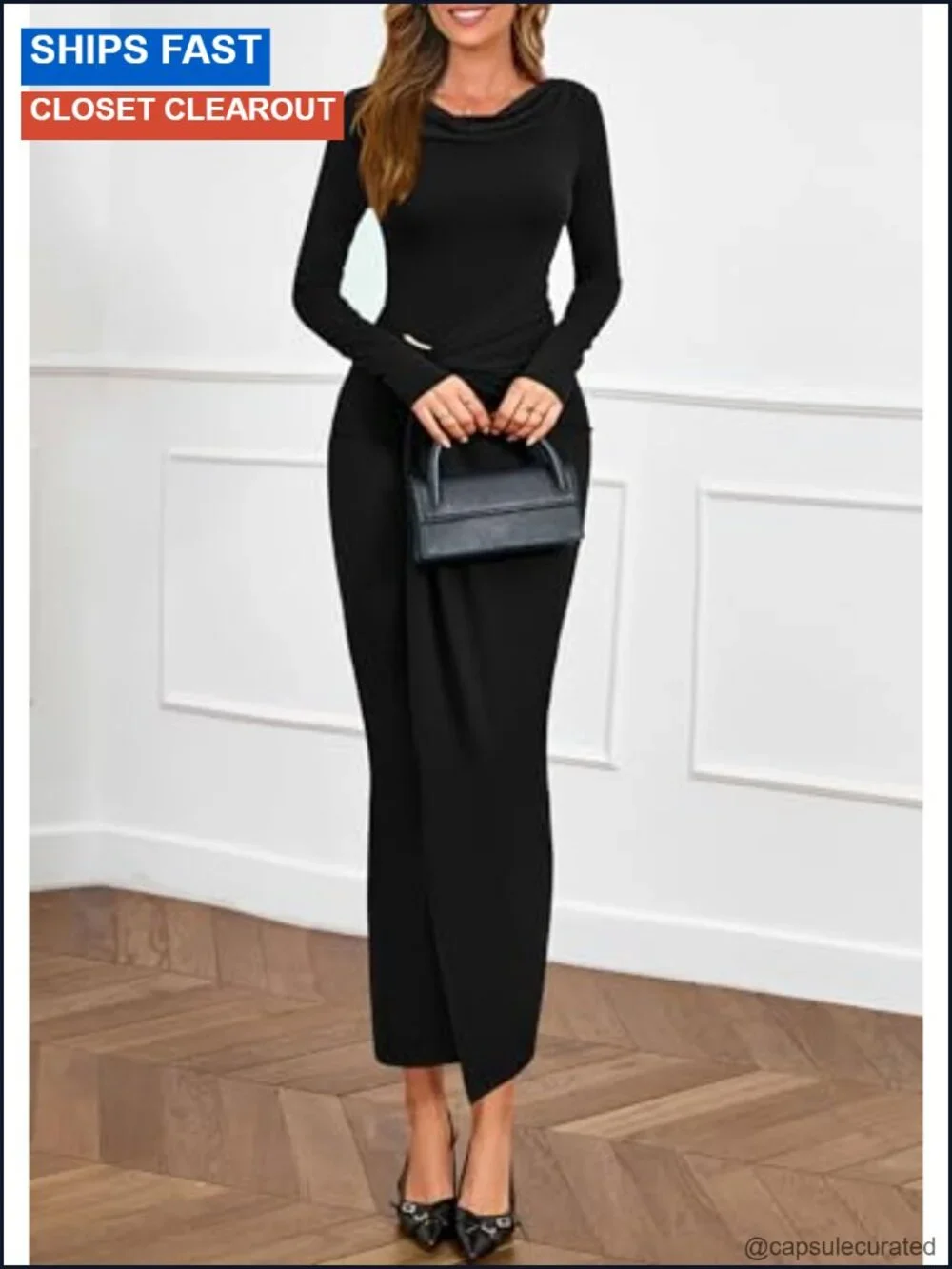 Womens Cowl Neck Long Sleeve Bodycon Midi Dress Ruched Formal Cocktail